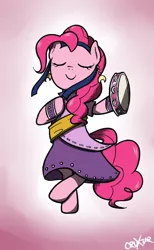 Size: 400x650 | Tagged: safe, artist:cruxtar, banned from derpibooru, deleted from derpibooru, derpibooru import, pinkie pie, pony, friendship is witchcraft, bipedal, clothes, dancing, dress, gypsy pie, musical instrument, pixiv, solo, tambourine