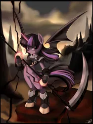 Size: 1350x1800 | Tagged: safe, artist:ponykillerx, banned from derpibooru, deleted from derpibooru, derpibooru import, twilight sparkle, alicorn, bat pony, bat pony alicorn, pony, semi-anthro, vampire, armor, badass, bat ponified, bat wings, bipedal, female, glowing horn, horn, mare, night guard, race swap, scythe, solo, unconvincing armor, weapon, wings