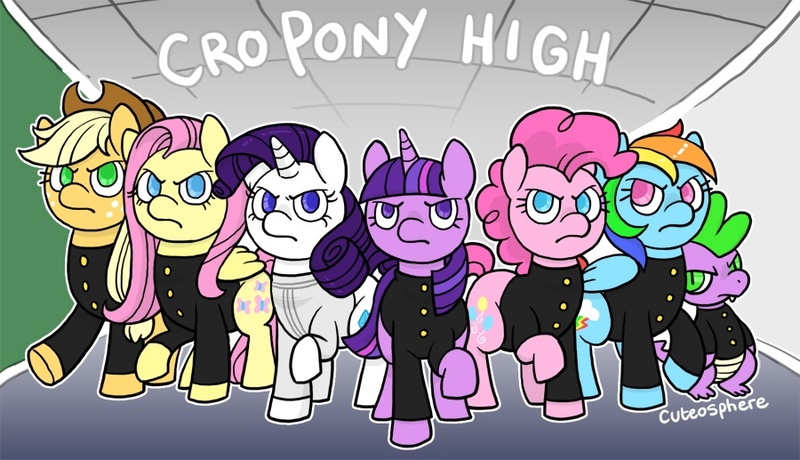 Size: 900x517 | Tagged: safe, banned from derpibooru, deleted from derpibooru, derpibooru import, applejack, fluttershy, pinkie pie, rainbow dash, rarity, spike, twilight sparkle, cromartie high school, mane seven, mane six