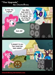 Size: 726x992 | Tagged: safe, artist:silverslinger, banned from derpibooru, deleted from derpibooru, derpibooru import, pinkie pie, vinyl scratch, fish, bass cannon, comic, facehoof, literal, pun