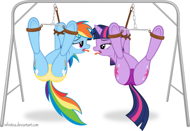 Size: 5793x4000 | Tagged: questionable, artist:infinitoa, banned from derpibooru, deleted from derpibooru, derpibooru import, rainbow dash, twilight sparkle, bondage, bondage furniture, boyshorts, cameltoe, clothes, drool, drool string, female, hooves, implied kissing, lesbian, panties, purple underwear, sex swing, shipping, show accurate, show accurate porn, suspended, tongue out, twidash, underwear, upside down, vector, yellow underwear