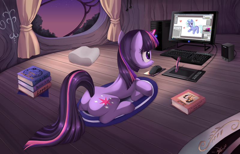 Size: 1600x1030 | Tagged: safe, artist:ponykillerx, banned from derpibooru, deleted from derpibooru, derpibooru import, trixie, twilight sparkle, pony, unicorn, butt, computer, drawing, end of ponies, female, glowing horn, horn, image, mare, plot, png, prone, scootachicken, solo, solo female, twibutt