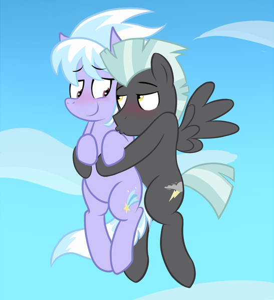 Size: 1459x1600 | Tagged: safe, artist:acstlu, artist:nannurs, banned from derpibooru, deleted from derpibooru, derpibooru import, cloudchaser, thunderlane, pegasus, blushing, female, hug, kissing, male, shipping, sky, straight, thunderchaser