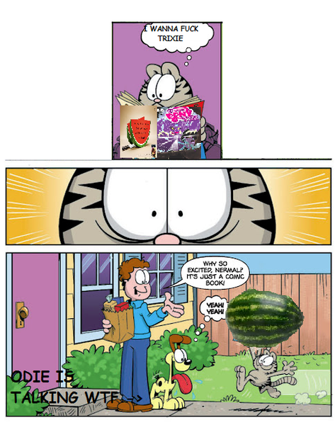 Size: 480x609 | Tagged: questionable, banned from derpibooru, deleted from derpibooru, derpibooru import, idw, bear, ursa, ursa major, comic book, food, garfield, jon arbuckle, nermal, odie, wat, watermelon