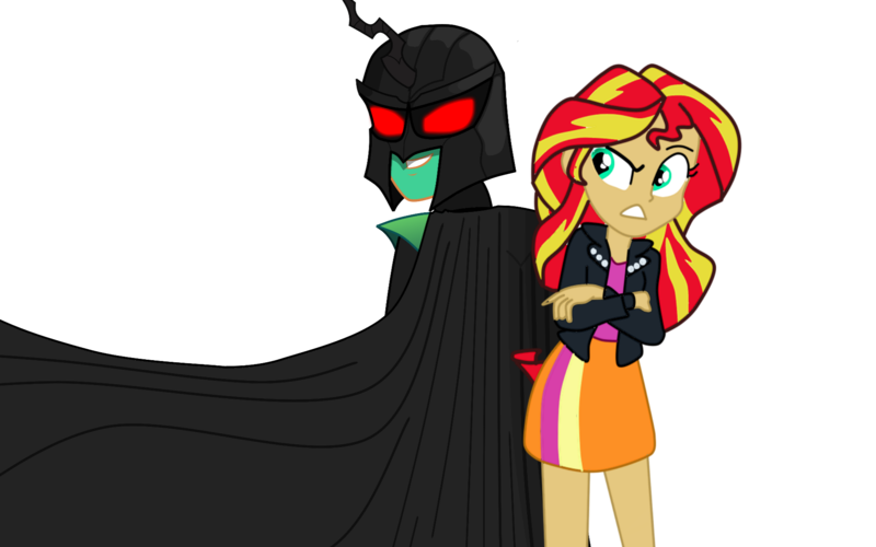 Size: 1920x1200 | Tagged: safe, artist:adammasterart, banned from derpibooru, deleted from derpibooru, derpibooru import, sunset shimmer, oc, equestria girls, cape, clothes, glowing eyes, group, helmet, unamused