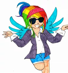 Size: 2062x2221 | Tagged: safe, artist:inkylove34, banned from derpibooru, deleted from derpibooru, derpibooru import, rainbow dash, human, female, glasses, humanized, light skin, solo, traditional art, winged humanization, wings