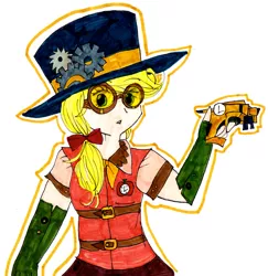 Size: 2021x2082 | Tagged: safe, artist:inkylove34, banned from derpibooru, deleted from derpibooru, derpibooru import, applejack, human, female, hat, humanized, light skin, solo, steampunk, traditional art