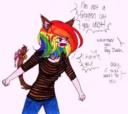 Size: 2324x2081 | Tagged: safe, artist:inkylove34, banned from derpibooru, deleted from derpibooru, derpibooru import, rainbow dash, cat, human, female, fusion, humanized, light skin, solo, traditional art
