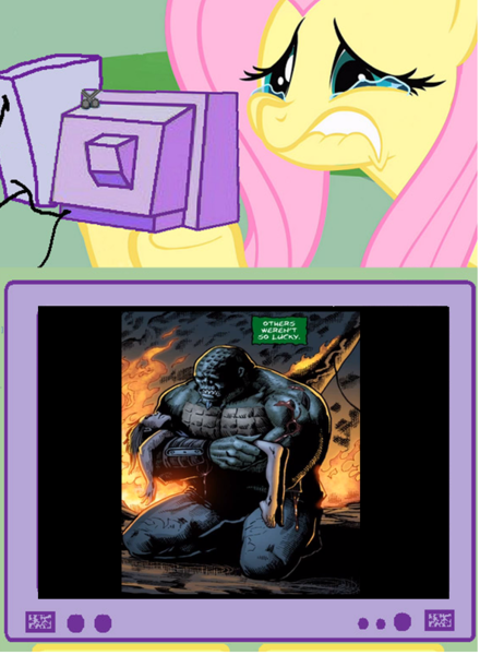 Size: 592x807 | Tagged: safe, banned from derpibooru, deleted from derpibooru, derpibooru import, fluttershy, arkham asylum, arkham city, comic book, exploitable meme, fluttercry, killer croc, meme, obligatory pony, tearjerker, tv meme, youtube link