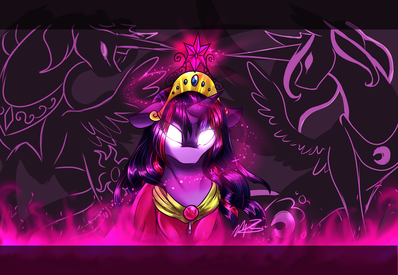 Size: 1280x885 | Tagged: safe, artist:cyanocitta-blattidae, banned from derpibooru, deleted from derpibooru, derpibooru import, princess celestia, princess luna, twilight sparkle, alicorn, big crown thingy, clothes, coronation dress, dress, element of magic, glowing eyes, jewelry, regalia, twilight sparkle (alicorn)