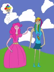 Size: 768x1024 | Tagged: safe, artist:lochlan o'neil, banned from derpibooru, deleted from derpibooru, derpibooru import, pinkie pie, rainbow dash, human, adventure time, crossover, humanized