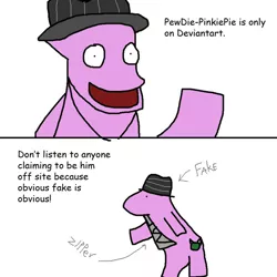 Size: 894x894 | Tagged: safe, artist:pewdie-pinkiepie, banned from derpibooru, deleted from derpibooru, derpibooru import, oc, unofficial characters only, 4chan, clarence, comic sans, cross, denial, deviantart, fedora, hat, message, /mlp/, ms paint, religion, solo, text, wat, zipper