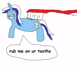 Size: 433x379 | Tagged: safe, artist:dellovan, banned from derpibooru, deleted from derpibooru, derpibooru import, minuette, brushie, brushie brushie, comic sans, dialogue, digital art, ms paint, speech bubble, stylistic suck, toothbrush