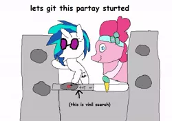 Size: 631x443 | Tagged: safe, artist:dellovan, banned from derpibooru, deleted from derpibooru, derpibooru import, pinkie pie, vinyl scratch, kangaroo, comic sans, digital art, ms paint, stylistic suck