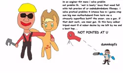 Size: 500x296 | Tagged: safe, artist:dellovan, banned from derpibooru, deleted from derpibooru, derpibooru import, applejack, comic sans, digital art, dummkopfs, engineer, medic, ms paint, sentry, stylistic suck, team fortress 2