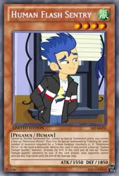 Size: 333x493 | Tagged: safe, artist:poppixierex, banned from derpibooru, deleted from derpibooru, derpibooru import, flash sentry, equestria girls, brad, card, solo, text, trading card