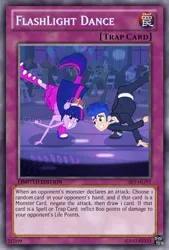 Size: 333x493 | Tagged: safe, artist:poppixierex, banned from derpibooru, deleted from derpibooru, derpibooru import, flash sentry, twilight sparkle, equestria girls, card, dancing, female, flashlight, male, shipping, straight, text, trading card