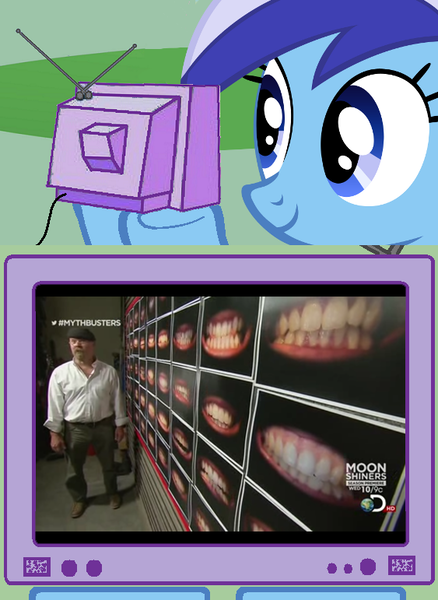 Size: 563x771 | Tagged: safe, artist:bb-k, banned from derpibooru, deleted from derpibooru, derpibooru import, minuette, discovery channel, exploitable meme, hashtag, human teeth, jamie hyneman, meme, mythbusters, obligatory pony, teeth, tv meme