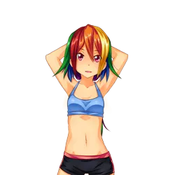 Size: 1440x1440 | Tagged: safe, artist:derpiihooves, artist:semehammer, banned from derpibooru, deleted from derpibooru, derpibooru import, rainbow dash, human, belly button, breasts, clothes, delicious flat chest, flat, humanized, shorts, solo, starswirl academy