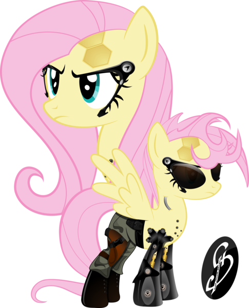 Size: 1600x1980 | Tagged: safe, artist:dimidiummorsumbra, banned from derpibooru, deleted from derpibooru, derpibooru import, fluttershy, cyborg, adam jensen, augmented, crossover, deus ex, deus ex: human revolution, parody