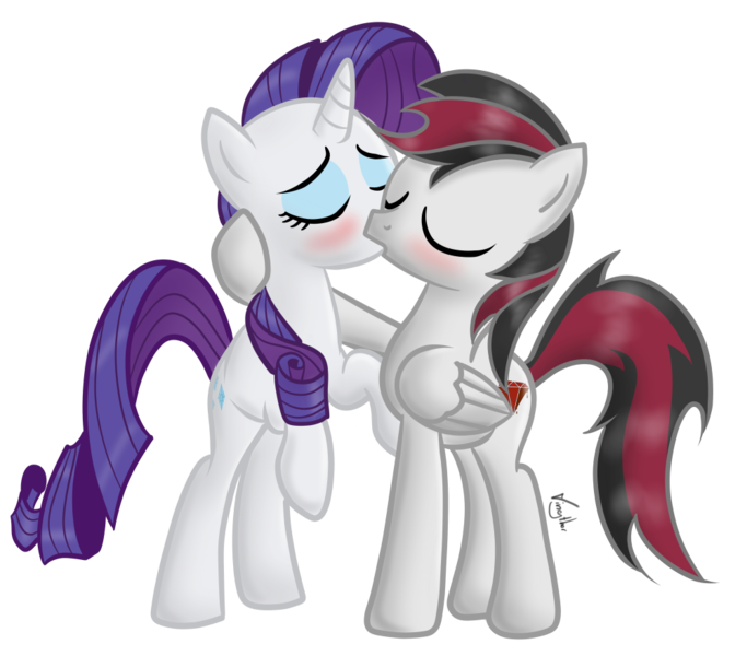 Size: 1000x879 | Tagged: safe, artist:vingamena, banned from derpibooru, deleted from derpibooru, derpibooru import, rarity, oc, oc:roraty, pony, blushing, canon x oc, kissing, shipping, simple background, transparent background