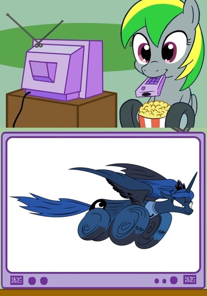 Size: 561x800 | Tagged: safe, artist:imageconstructor, banned from derpibooru, deleted from derpibooru, derpibooru import, idw, princess luna, oc, oc:wheely bopper, original species, wheelpone, exploitable meme, food, meme, obligatory pony, popcorn, remote, tv meme, wheel