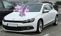 Size: 1000x594 | Tagged: safe, artist:vito, banned from derpibooru, deleted from derpibooru, derpibooru import, oc, oc:sirocca, unofficial characters only, bat pony, pony, /mlp/, animated, bouncing, car, cute, female, filly, happy, hopping, irl, jumping, photo, ponies in real life, pronking, scirocco, solo, vehicle, volkswagen