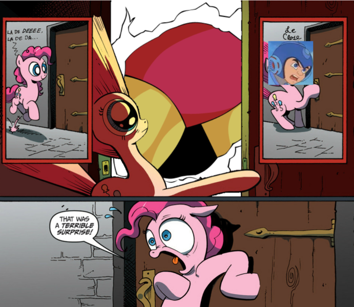 Size: 945x821 | Tagged: safe, banned from derpibooru, deleted from derpibooru, derpibooru import, pinkie pie, comic, exploitable meme, gutsman's ass, megaman, meme, obligatory pony, surprise door