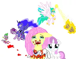 Size: 800x620 | Tagged: grimdark, artist:lycanianspike, banned from derpibooru, deleted from derpibooru, derpibooru import, angel bunny, fluttershy, princess celestia, princess luna, spike, sunbeam, sweetie belle, twilight sparkle, alicorn, abuse, angelbuse, angry, animal abuse, carnivore, caught, crying, death, judgement, shocked, tragedy, twilight sparkle (alicorn)