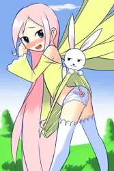 Size: 720x1080 | Tagged: suggestive, artist:drantyno, banned from derpibooru, deleted from derpibooru, derpibooru import, angel bunny, fluttershy, human, angel is a bunny bastard, angelshy, assisted exposure, blushing, bunny print underwear, clothes, dress, embarrassed, embarrassed underwear exposure, female, frilly underwear, humanized, humiliation, light skin, male, panties, shipping, skirt, skirt lift, solo, stockings, straight, thigh highs, underwear, upskirt, white underwear, winged humanization, wings