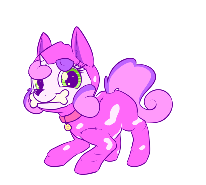 Size: 1195x1075 | Tagged: safe, artist:handsockz, banned from derpibooru, deleted from derpibooru, derpibooru import, sweetie belle, dog, animal costume, bone, clothes, costume, cute, diasweetes, solo