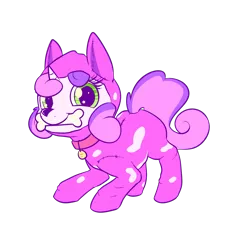 Size: 1195x1075 | Tagged: safe, artist:handsockz, banned from derpibooru, deleted from derpibooru, derpibooru import, sweetie belle, dog, animal costume, bone, clothes, costume, cute, diasweetes, solo