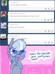 Size: 1280x1714 | Tagged: safe, artist:handsockz, banned from derpibooru, deleted from derpibooru, derpibooru import, diamond tiara, silver spoon, ask, female, glasses, hooves, lesbian, shipping, silver spoon's blogadoodle, silvertiara, solo, tumblr, unshorn fetlocks
