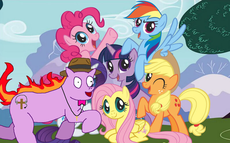 Size: 1024x640 | Tagged: safe, artist:pewdie-pinkiepie, banned from derpibooru, deleted from derpibooru, derpibooru import, edit, applejack, fluttershy, pinkie pie, rainbow dash, rarity, twilight sparkle, oc, earth pony, pegasus, unicorn, 1000 hours in ms paint, bowtie, christianity, clarence, cross, fedora, field, hat, headphones, intruder, jewelry, male, mane six, mountain, ms paint, necklace, outdoors, photoshop, religion, stallion, stock image, stock vector, tree, wat, why, worst pony
