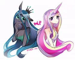 Size: 700x564 | Tagged: safe, artist:rinn11201, banned from derpibooru, deleted from derpibooru, derpibooru import, princess cadance, queen chrysalis, human, eared humanization, horn, horned humanization, humanized, light skin, pixiv, pony coloring