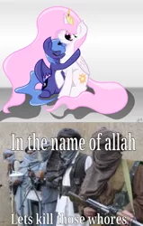 Size: 1000x1573 | Tagged: safe, banned from derpibooru, deleted from derpibooru, derpibooru import, princess celestia, princess luna, allah, female, filly, religion, terrorist, vulgar, woona, younger
