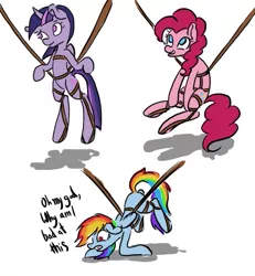 Size: 773x838 | Tagged: safe, artist:charlie-bad-touch, banned from derpibooru, deleted from derpibooru, derpibooru import, pinkie pie, rainbow dash, twilight sparkle, twilight sparkle (alicorn), alicorn, pony, attack on titan, bondage, female, mare, rainbond dash, shingeki no koyubi, suspended, tied up