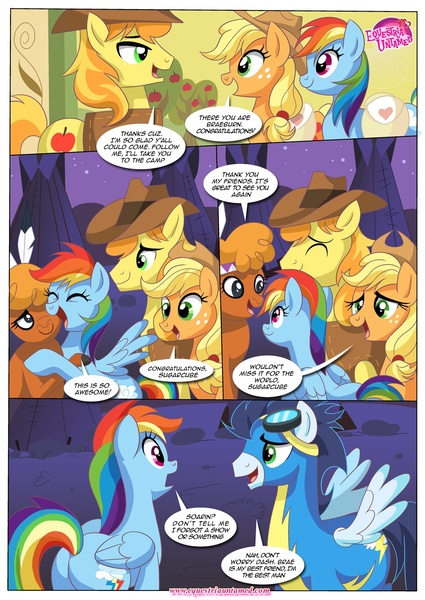 Size: 1024x1447 | Tagged: safe, artist:bbmbbf, banned from derpibooru, deleted from derpibooru, derpibooru import, applejack, braeburn, little strongheart, rainbow dash, soarin', comic:a hot wedding, equestria untamed, a hot wedding, comic, palcomix