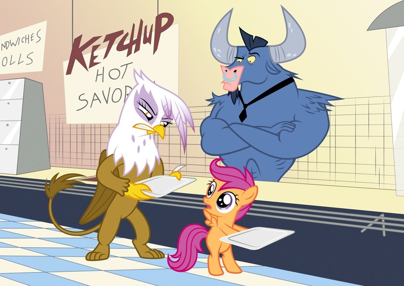 Size: 1058x750 | Tagged: safe, artist:culu-bluebeaver, banned from derpibooru, deleted from derpibooru, derpibooru import, gilda, iron will, scootaloo, bipedal, cafeteria, cow and chicken, image, jpeg, parody, reference, tray