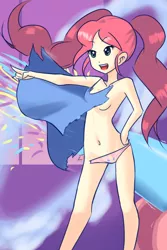 Size: 720x1080 | Tagged: suggestive, artist:drantyno, banned from derpibooru, deleted from derpibooru, derpibooru import, pinkie pie, human, belly button, braless, breasts, clothes, cutie mark underwear, dress, female, humanized, imminent nudity, light skin, nightgown, nudity, panties, partillery, party cannon, solo, solo female, strategically covered, teasing, torn clothes, underwear, undressing, wardrobe malfunction