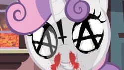 Size: 1280x720 | Tagged: grimdark, artist:misophoniac, banned from derpibooru, deleted from derpibooru, derpibooru import, sweetie belle, blood, solo