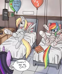 Size: 1000x1200 | Tagged: safe, artist:ponykillerx, banned from derpibooru, deleted from derpibooru, derpibooru import, derpy hooves, rainbow dash, twilight sparkle, pegasus, pony, unicorn, balloon, bandage, bed, book, electrocardiogram, female, hospital, injured, mare, medical bondage, trio