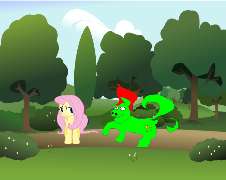 Size: 955x763 | Tagged: safe, artist:pewdie-fluttershy, banned from derpibooru, deleted from derpibooru, derpibooru import, fluttershy, oc, earth pony, pegasus, canon x oc, evans, ms paint, nervous, outdoors, park, shy, stylistic suck, tree, vector, wat, why