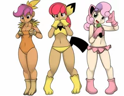 Size: 1755x1365 | Tagged: suggestive, artist:kloudmutt, banned from derpibooru, deleted from derpibooru, derpibooru import, apple bloom, scootaloo, sweetie belle, human, jigglypuff, pichu, torchic, clothes, costume, cutie mark crusaders, humanized, pokémon
