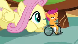 Size: 640x360 | Tagged: safe, banned from derpibooru, deleted from derpibooru, derpibooru import, fluttershy, scootaloo, chickun, exploitable meme, faic, forced meme, meme, wheel chair