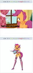 Size: 256x559 | Tagged: safe, banned from derpibooru, deleted from derpibooru, derpibooru import, scootaloo, derpibooru, chickun, exploitable meme, faic, forced meme, juxtaposition, juxtaposition fail, juxtaposition lose, meme, meta
