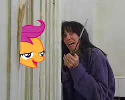 Size: 400x321 | Tagged: safe, banned from derpibooru, deleted from derpibooru, derpibooru import, edit, scootaloo, human, chickun, exploitable meme, faic, forced meme, irl, irl human, meme, movie, photo, the shining