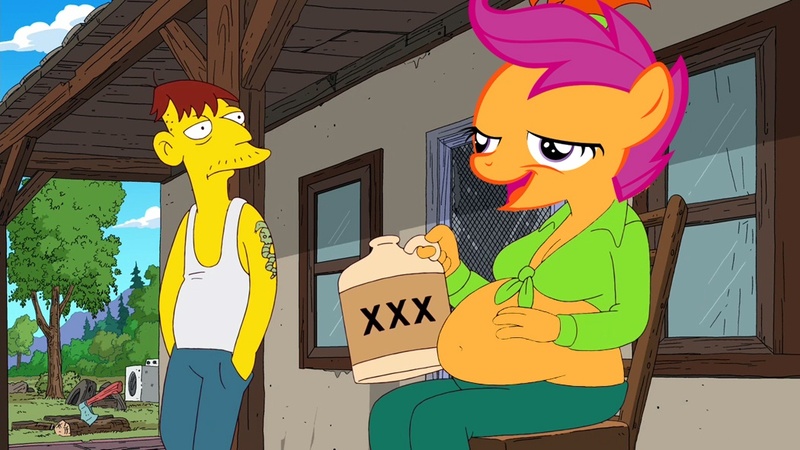 Size: 1050x591 | Tagged: safe, banned from derpibooru, deleted from derpibooru, derpibooru import, scootaloo, chickun, exploitable meme, faic, forced meme, meme, pregnant, the simpsons