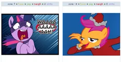 Size: 531x272 | Tagged: safe, banned from derpibooru, deleted from derpibooru, derpibooru import, scootaloo, twilight sparkle, derpibooru, chickun, exploitable meme, faic, forced meme, juxtaposition, meme, meta, screaming