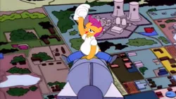 Size: 627x352 | Tagged: safe, banned from derpibooru, deleted from derpibooru, derpibooru import, scootaloo, bomb, chickun, dr. strangelove, exploitable meme, faic, forced meme, meme, the simpsons, weapon